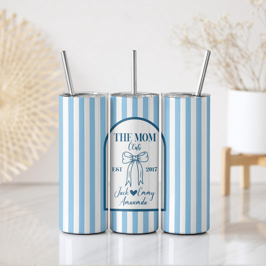 Custom Name & Date The Mom Club Coffee Cup, Personalized Blue and White Striped Mom Tumbler