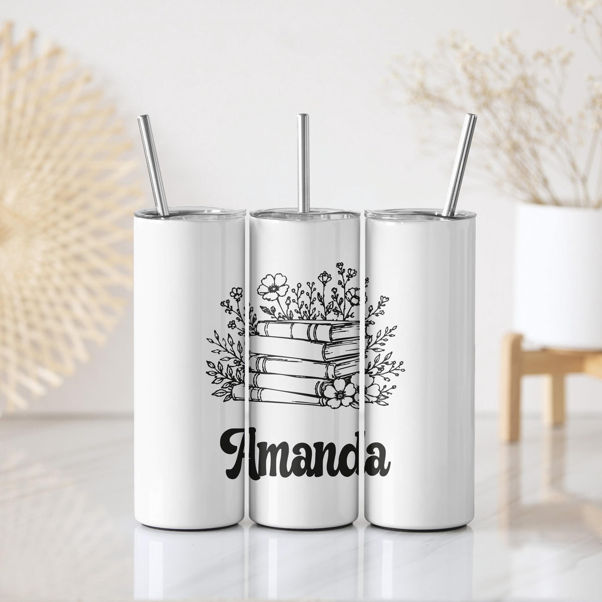 Personalized Line Art Books & Flowers Tumbler With Straw, Custom Name Book Lover Coffee Cup