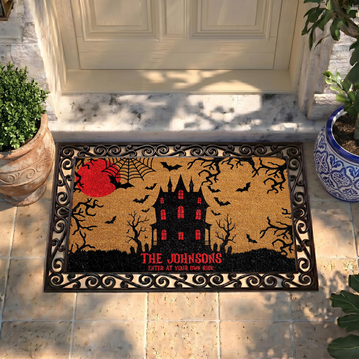 Custom Haunted Mansion Doormat, Spooky Halloween Entryway Decor, Enter at Your Own Risk Mat