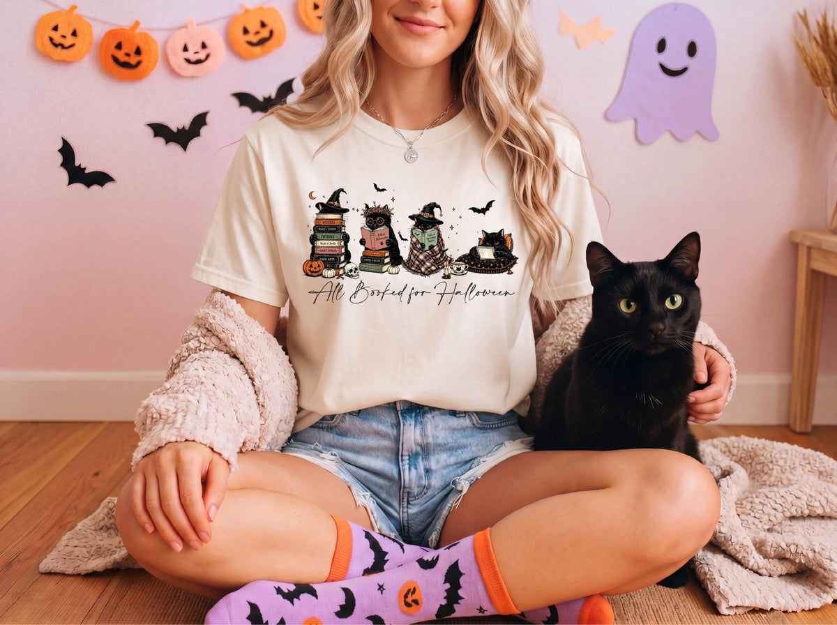 Comfort Colors® Black Cat Reading Shirt, Halloween Book Lover Tee, Spooky Cat Bookish Gift, Librarian Teacher T-shirts