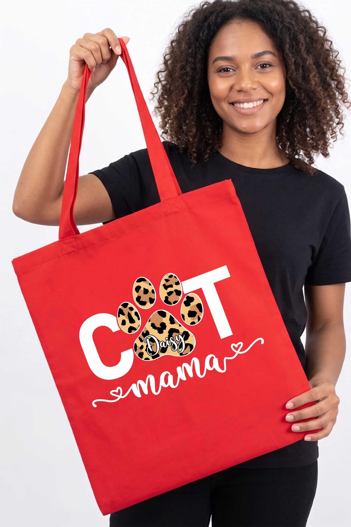 Custom Leopard Cat Dog Mama Tote Bag, Personalized Pet Name Paw Print Canvas Bags, Cats Dogs Lover Everyday Handbag