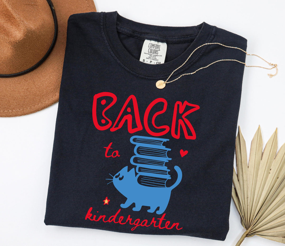 Comfort Colors® Kindergarten Teacher T-Shirt, Back to School Cat Tee, Teacher Appreciation Gift