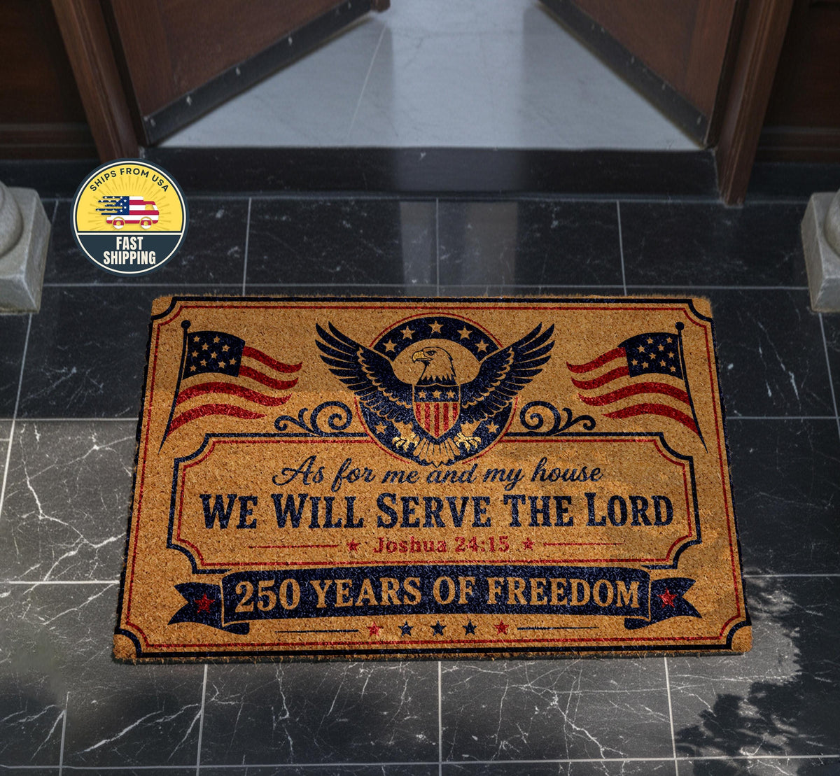 250 Years of Freedom Doormat, Christian Patriotic Mat, American Flag Eagle Welcome Mat