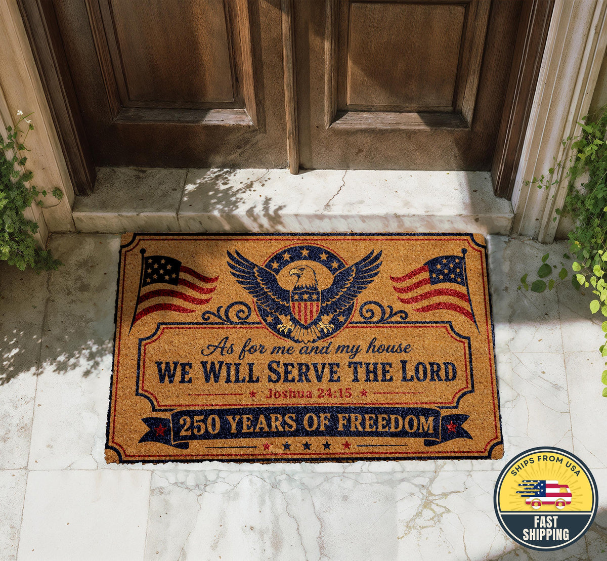 250 Years of Freedom Doormat, Christian Patriotic Mat, American Flag Eagle Welcome Mat