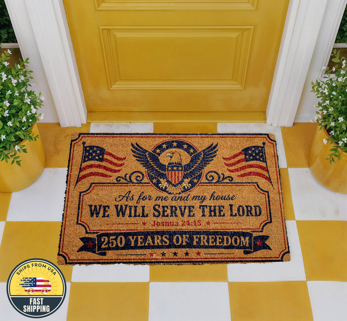 250 Years of Freedom Doormat, Christian Patriotic Mat, American Flag Eagle Welcome Mat
