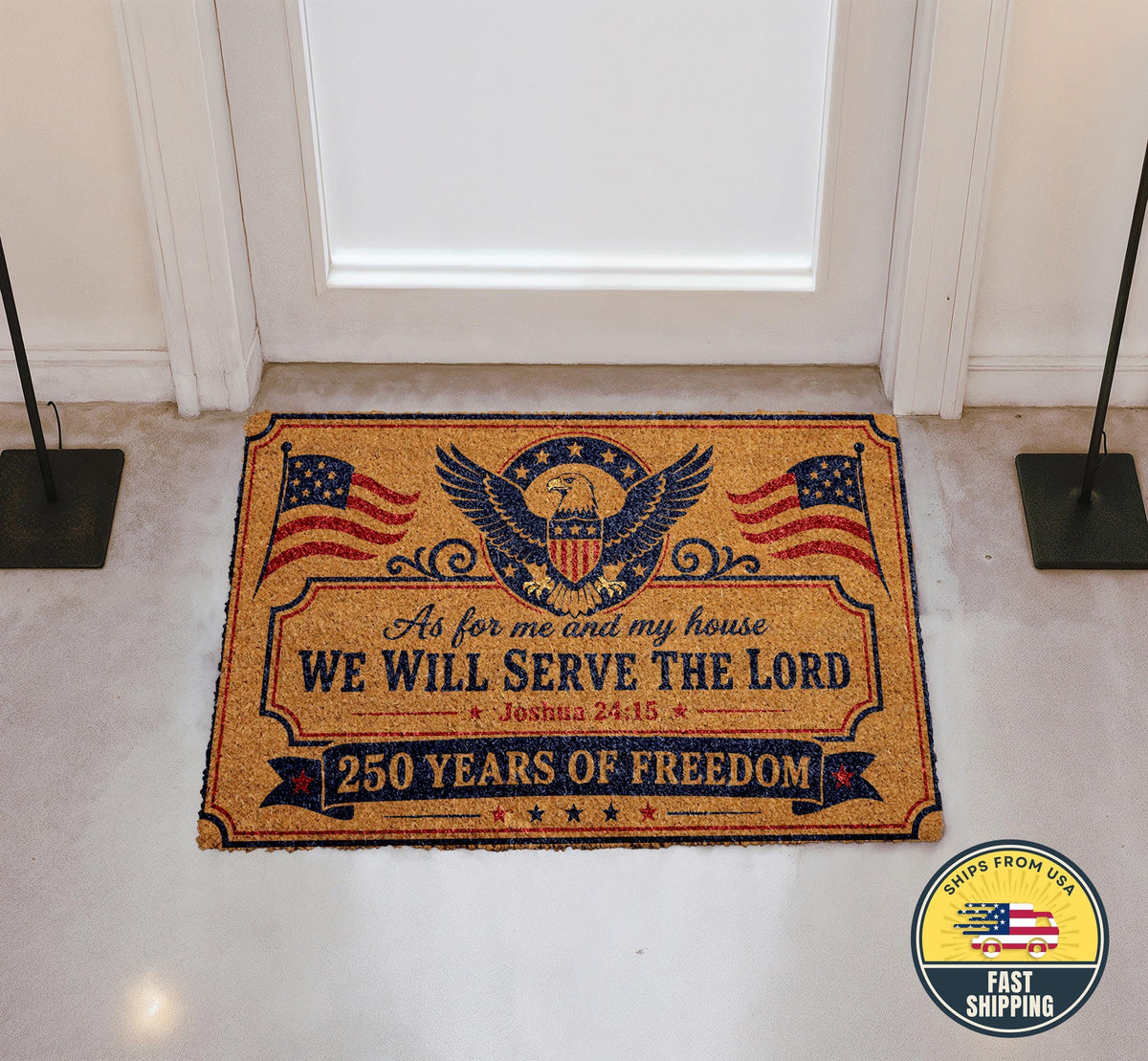 250 Years of Freedom Doormat, Christian Patriotic Mat, American Flag Eagle Welcome Mat