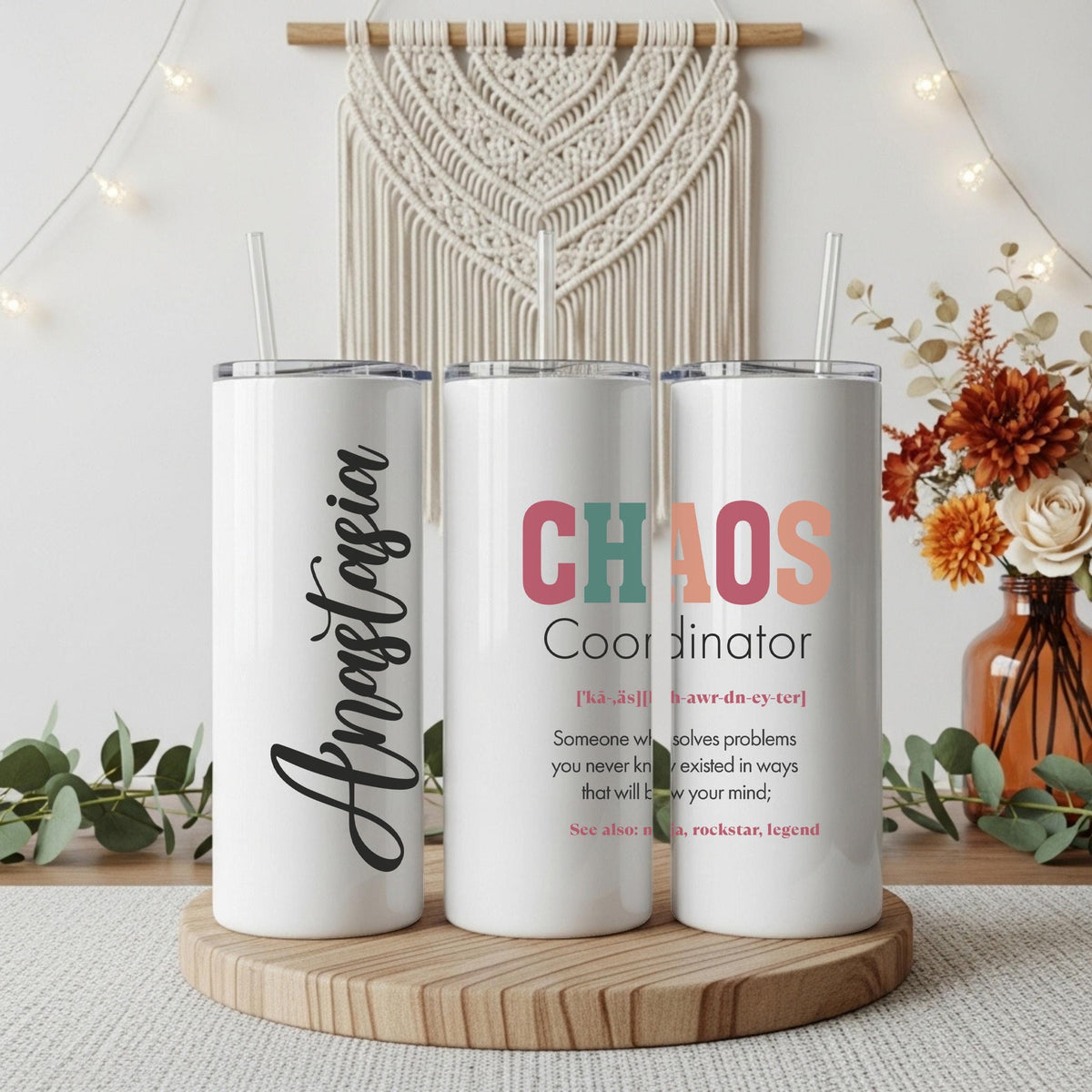 Personalized Chaos Coordinator Coffee Tumbler, Custom Name Work Trip Insulated Cup