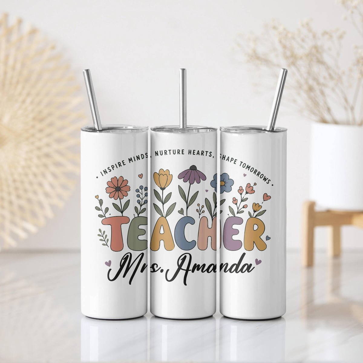 Custom Name Colorful Floral Teacher Tumbler With Straw