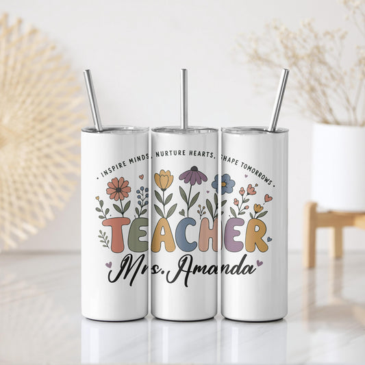 Custom Name Colorful Floral Teacher Tumbler With Straw