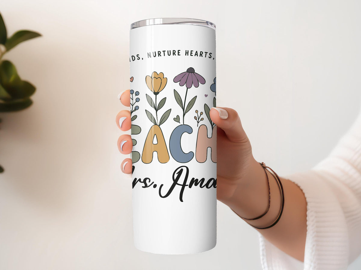 Custom Name Colorful Floral Teacher Tumbler With Straw