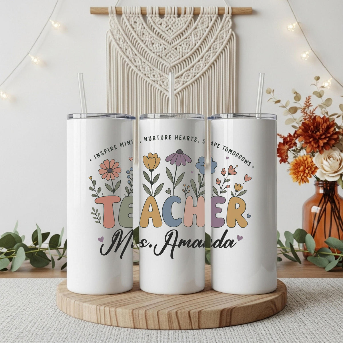 Custom Name Colorful Floral Teacher Tumbler With Straw