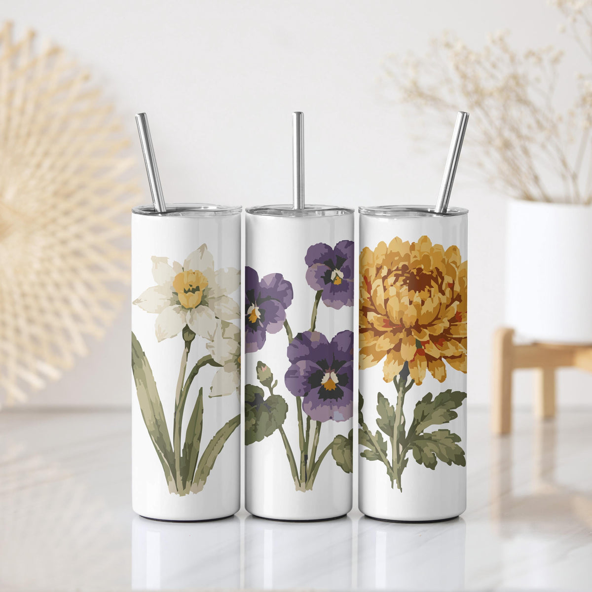 Personalized Colorful Floral Tumbler With Straw, Custom Name Birth Flower Coffee Cup