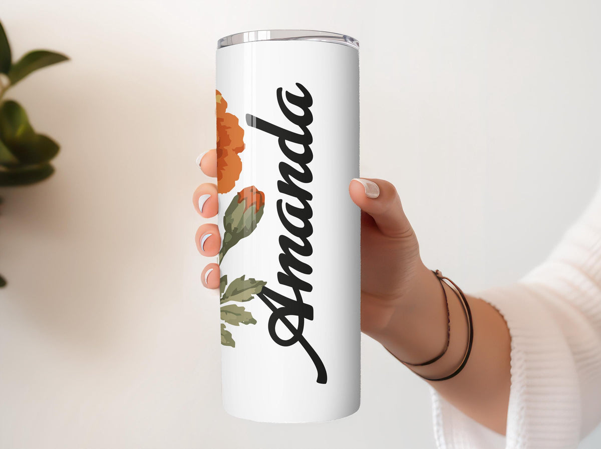 Personalized Colorful Floral Tumbler With Straw, Custom Name Birth Flower Coffee Cup