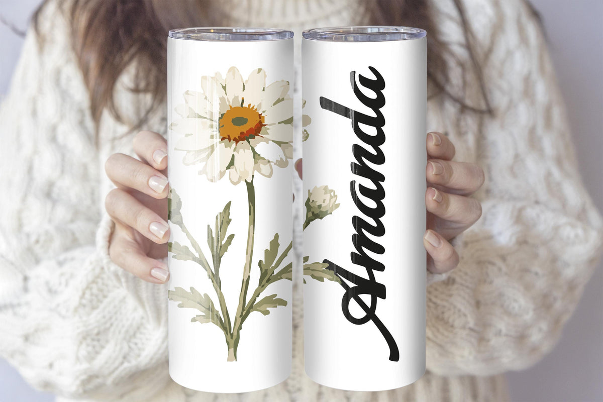 Personalized Colorful Floral Tumbler With Straw, Custom Name Birth Flower Coffee Cup