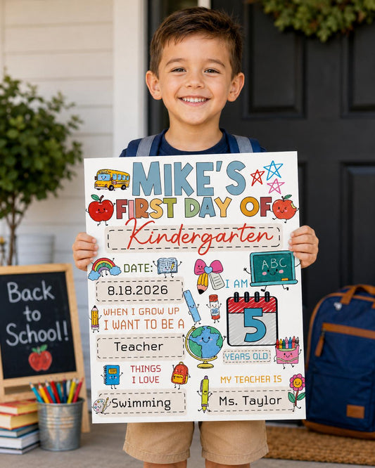 Custom First Day of School Poster, Personalized Kindergarten Sign, Photo Prop, Kids Milestone Board