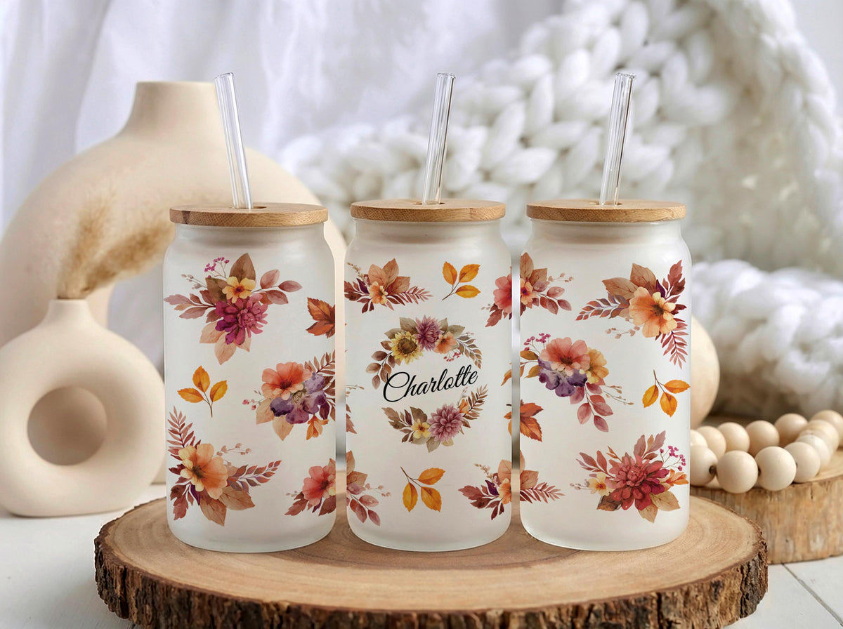 Personalized Boho Floral Glass Tumbler, Custom Name Iced Coffee Cup