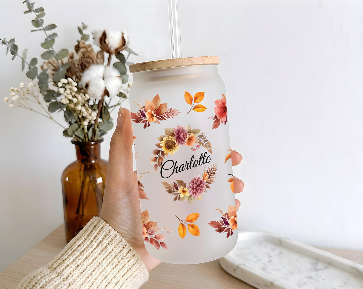 Personalized Boho Floral Glass Tumbler, Custom Name Iced Coffee Cup