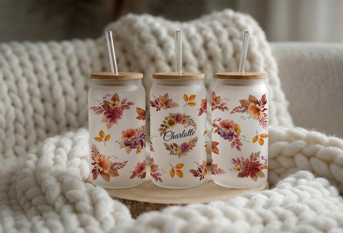 Personalized Boho Floral Glass Tumbler, Custom Name Iced Coffee Cup