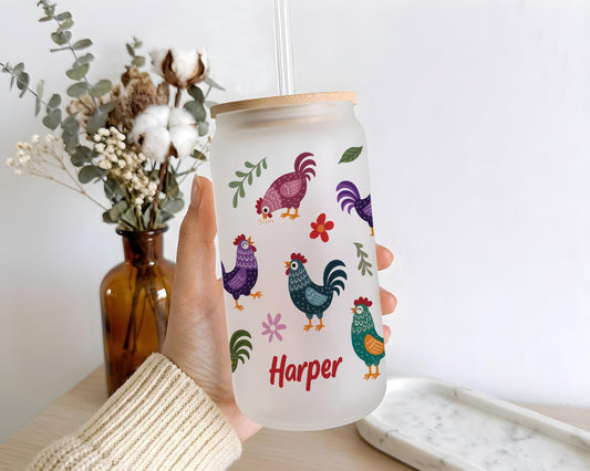 Custom Name Chicken Theme Cup With Bamboo Lid & Straw, Colorful Hen Rooster Iced Coffee Cup Tumbler