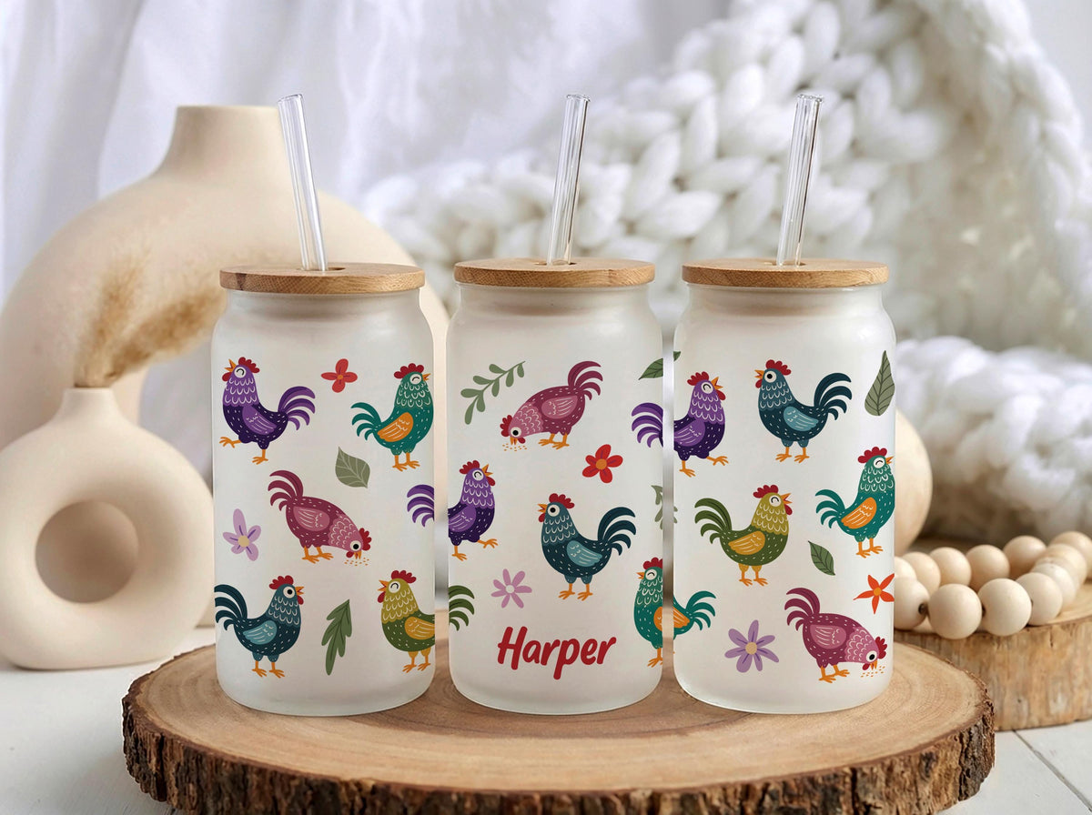 Custom Name Chicken Theme Cup With Bamboo Lid & Straw, Colorful Hen Rooster Iced Coffee Cup Tumbler