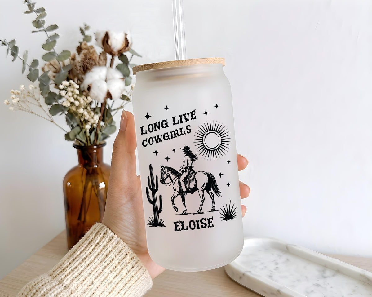 Personalized Cowgirl Glass Tumbler, Western Iced Coffee Cup, Ranch Life Drinkware