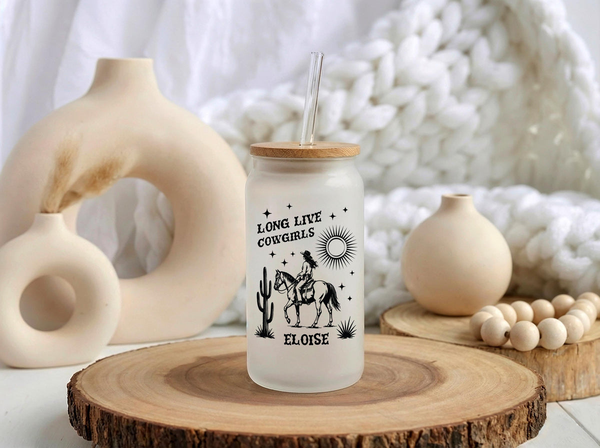 Personalized Cowgirl Glass Tumbler, Western Iced Coffee Cup, Ranch Life Drinkware