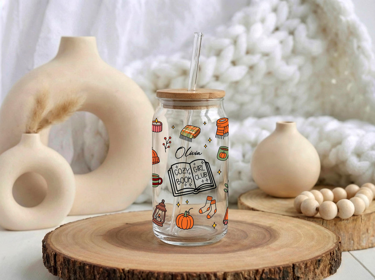 Personalized Glass Can Tumbler, Cozy Book Club Fall Iced Coffee Cup