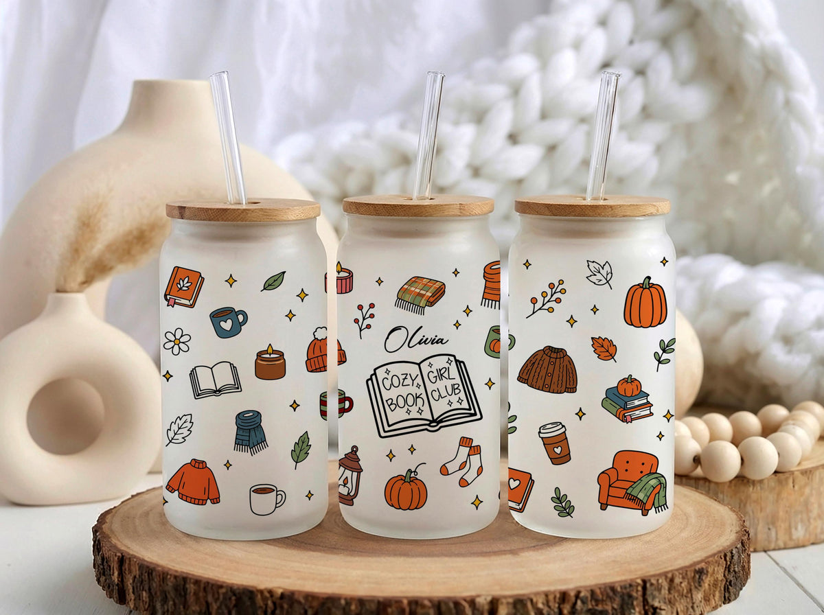 Personalized Glass Can Tumbler, Cozy Book Club Fall Iced Coffee Cup