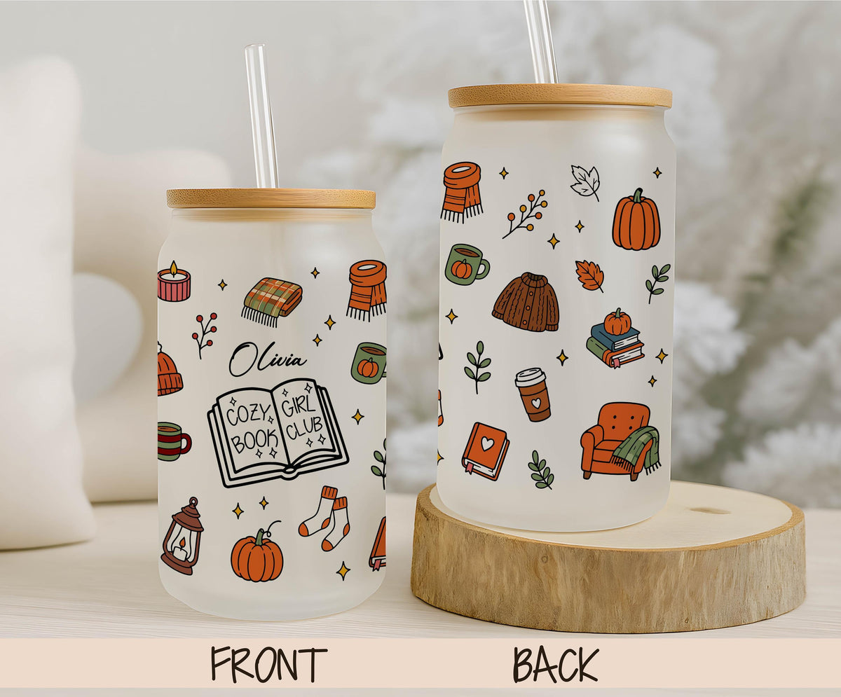 Personalized Glass Can Tumbler, Cozy Book Club Fall Iced Coffee Cup