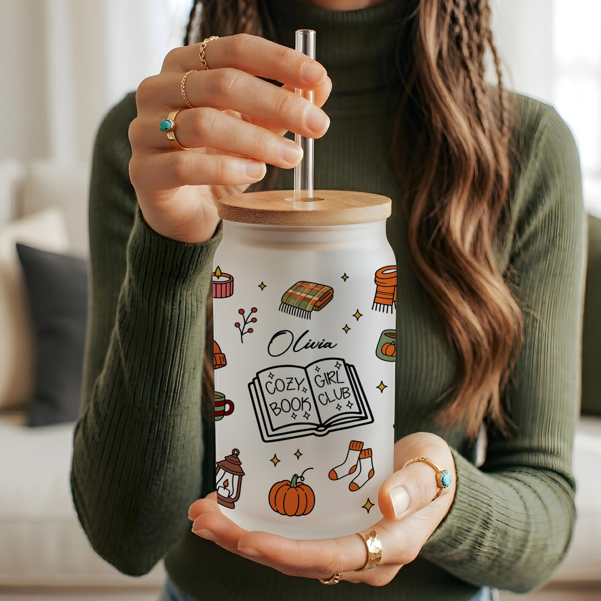 Personalized Glass Can Tumbler, Cozy Book Club Fall Iced Coffee Cup