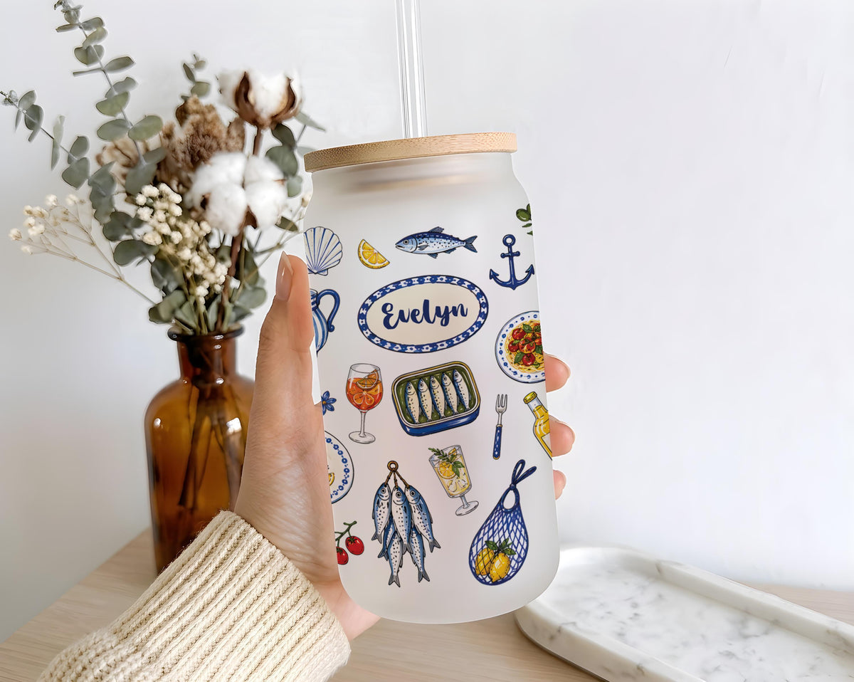 Personalized Italian Summer Can Glass, Amalfi Coast Citrus Design, Mediterranean Travel Tumbler