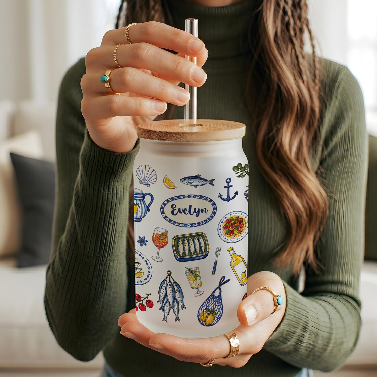 Personalized Italian Summer Can Glass, Amalfi Coast Citrus Design, Mediterranean Travel Tumbler