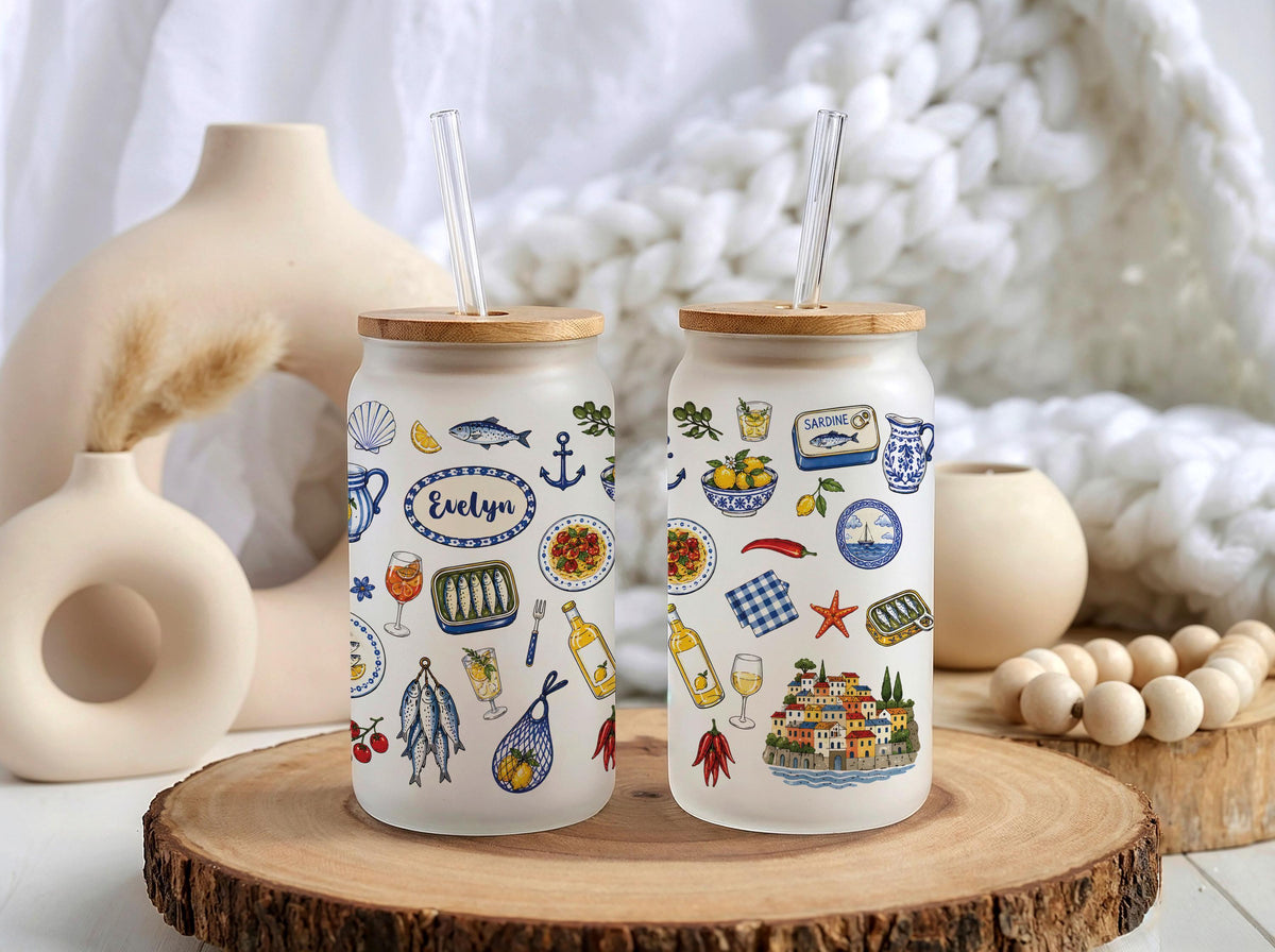 Personalized Italian Summer Can Glass, Amalfi Coast Citrus Design, Mediterranean Travel Tumbler