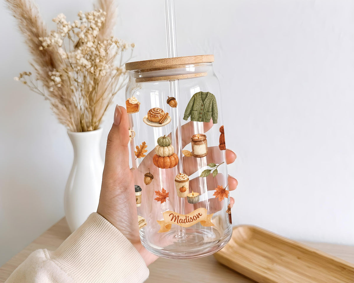 Personalized Fall Vibes Glass Can Tumbler, Bamboo Lid Cup, Autumn Drinkware