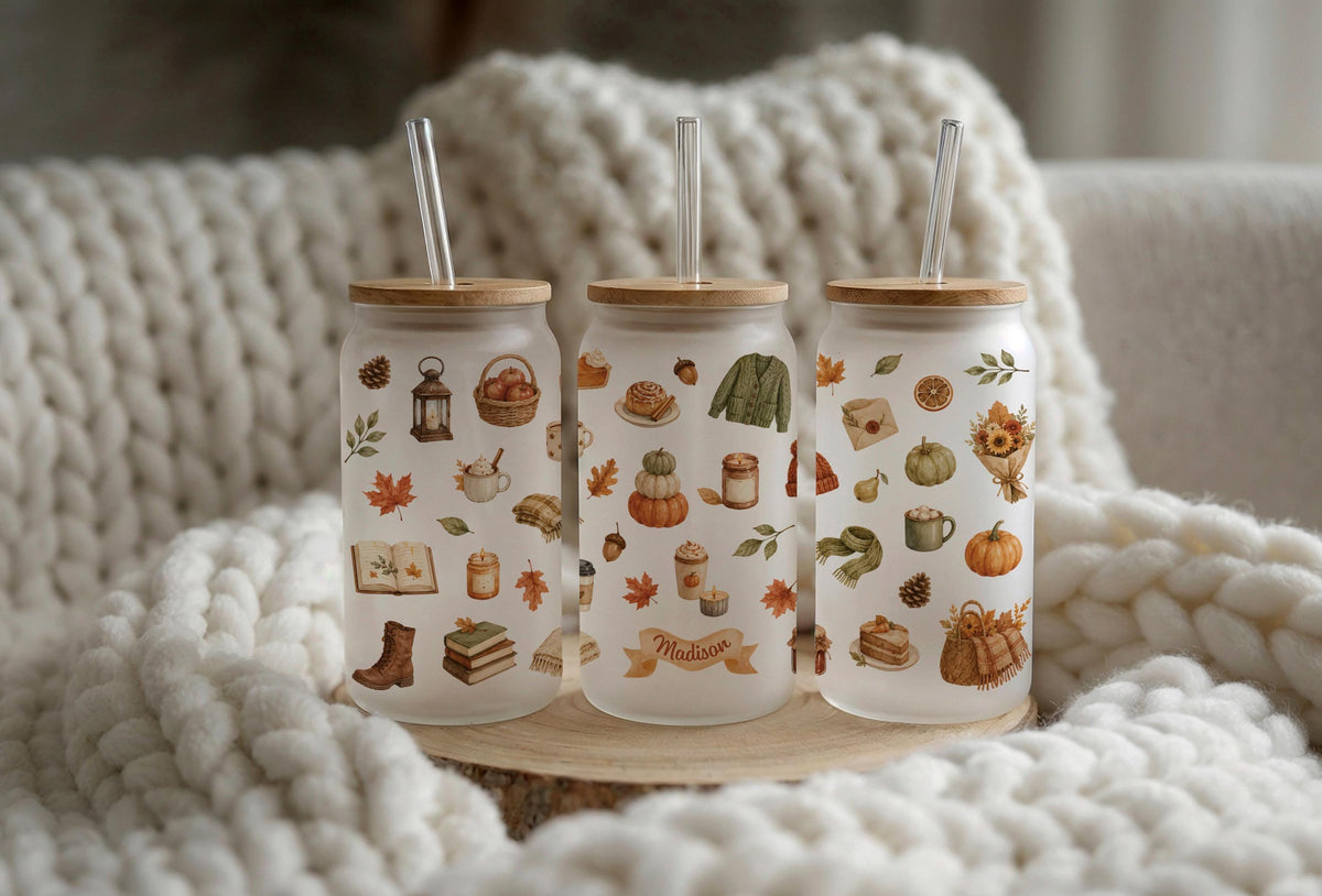 Personalized Fall Vibes Glass Can Tumbler, Bamboo Lid Cup, Autumn Drinkware