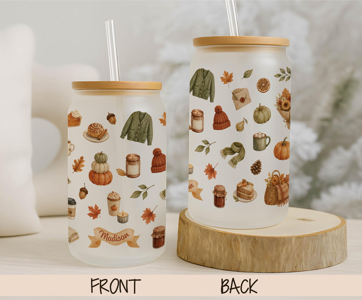 Personalized Fall Vibes Glass Can Tumbler, Bamboo Lid Cup, Autumn Drinkware
