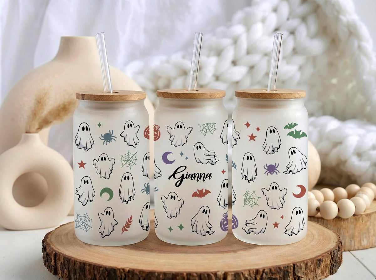 Personalized Ghost Halloween Tumbler, Custom Name Spooky Season Glass Cup