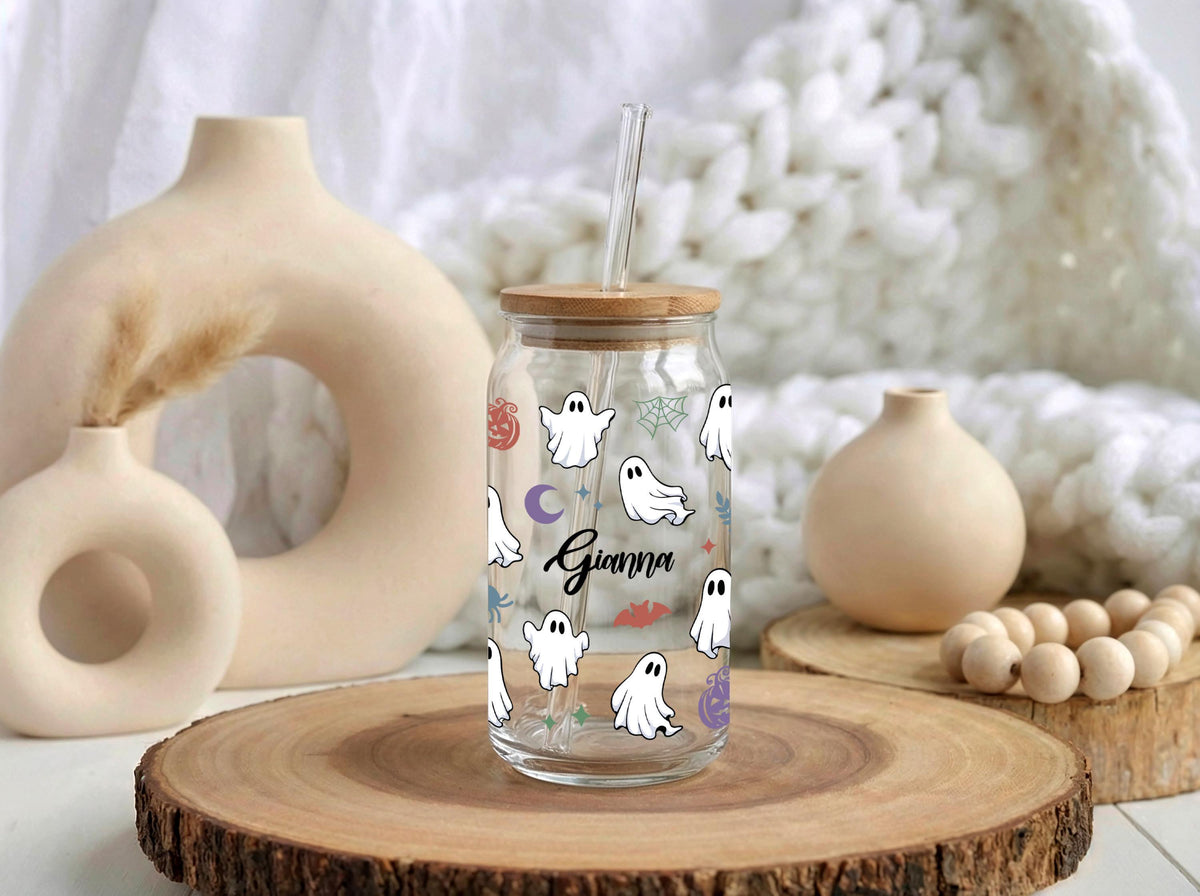 Personalized Ghost Halloween Tumbler, Custom Name Spooky Season Glass Cup
