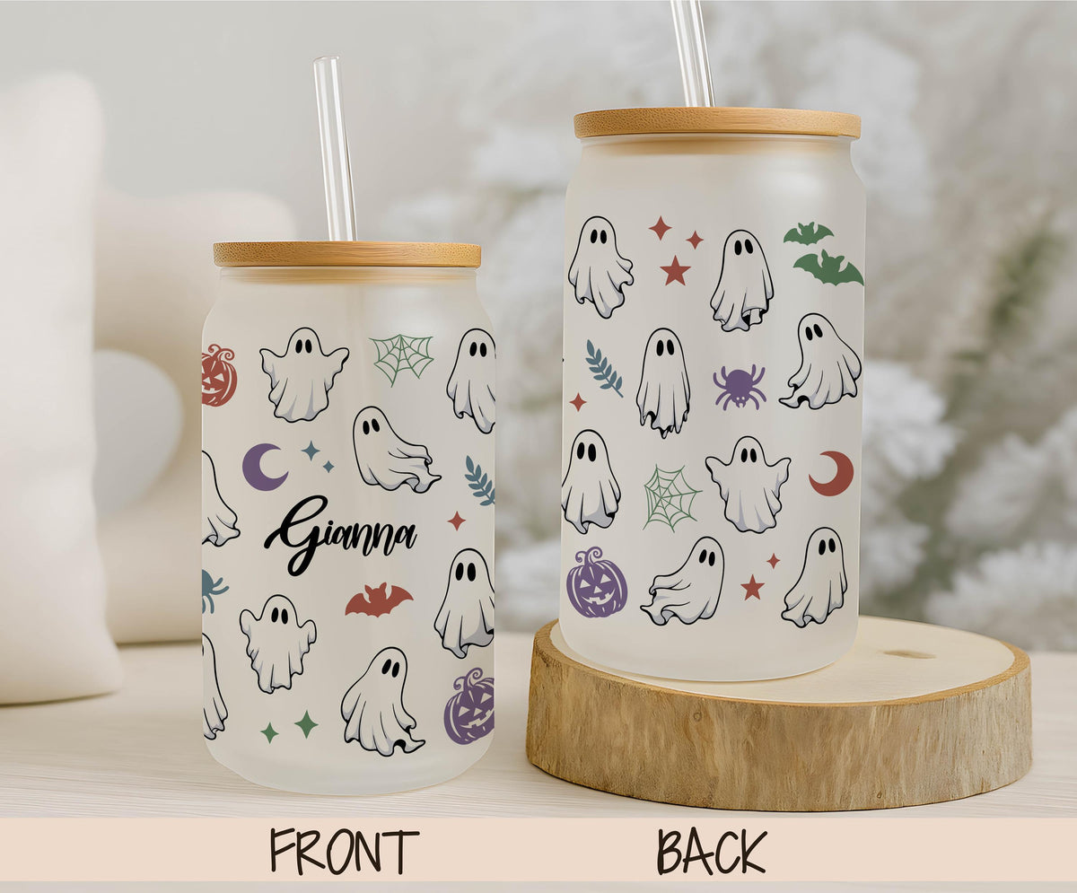 Personalized Ghost Halloween Tumbler, Custom Name Spooky Season Glass Cup