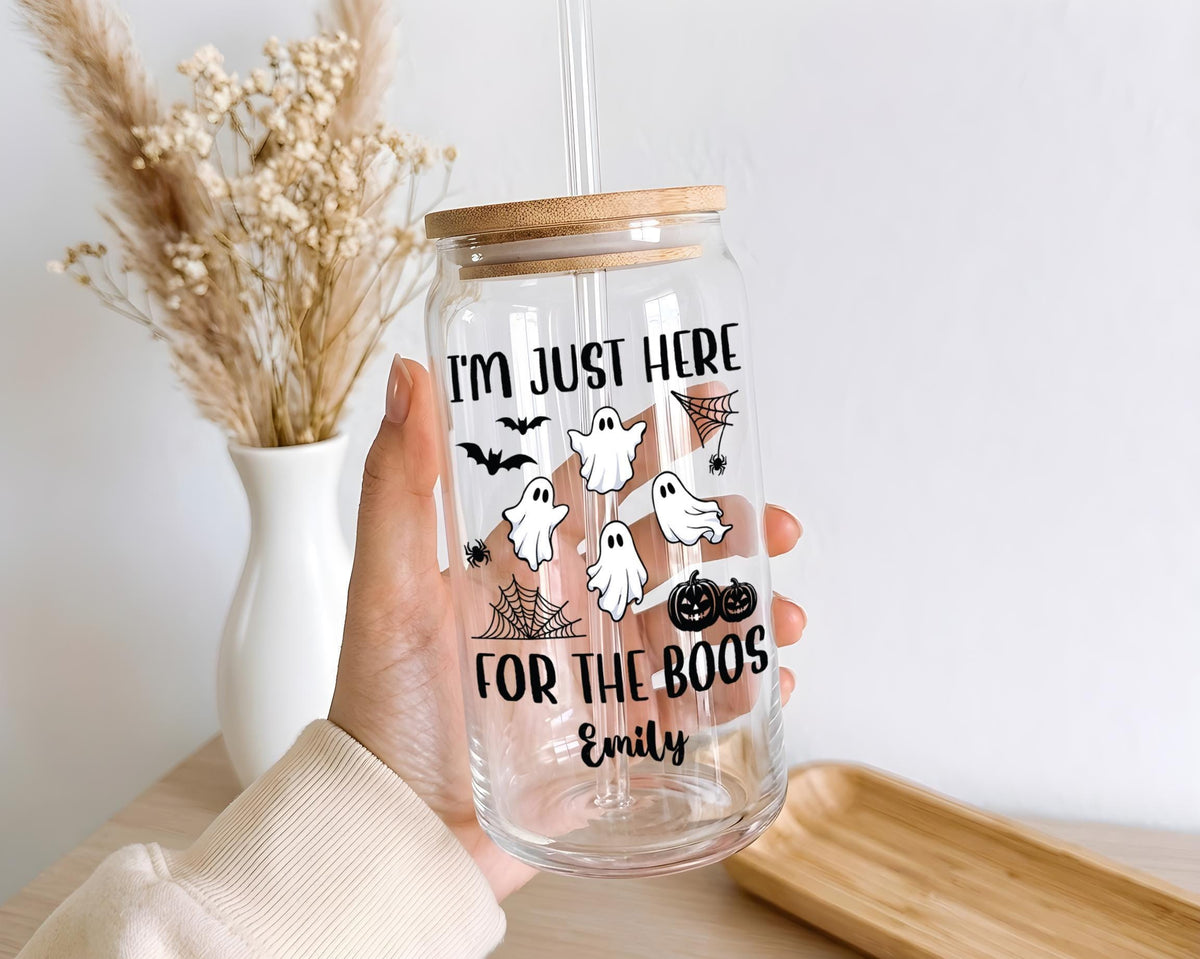 Personalized Halloween Glass Can Tumbler, Spooky Ghost I'm Just Here for Boos Cup