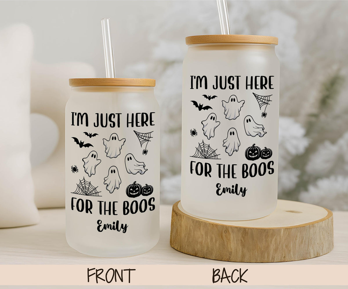 Personalized Halloween Glass Can Tumbler, Spooky Ghost I'm Just Here for Boos Cup