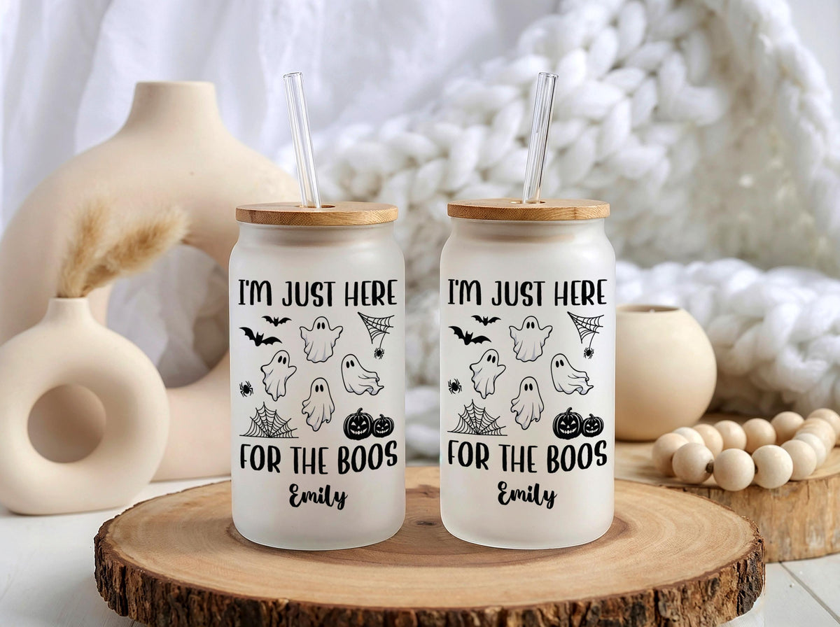 Personalized Halloween Glass Can Tumbler, Spooky Ghost I'm Just Here for Boos Cup