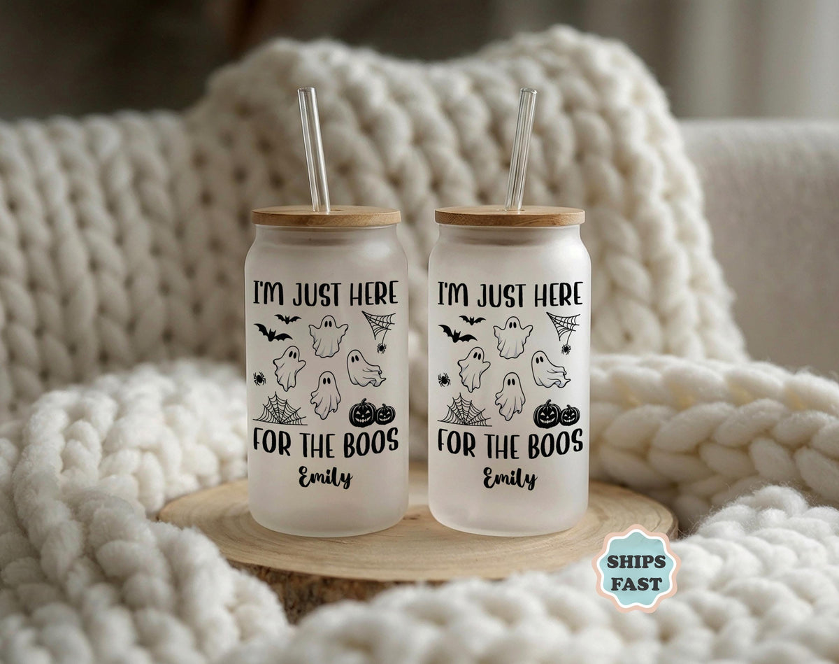 Personalized Halloween Glass Can Tumbler, Spooky Ghost I'm Just Here for Boos Cup