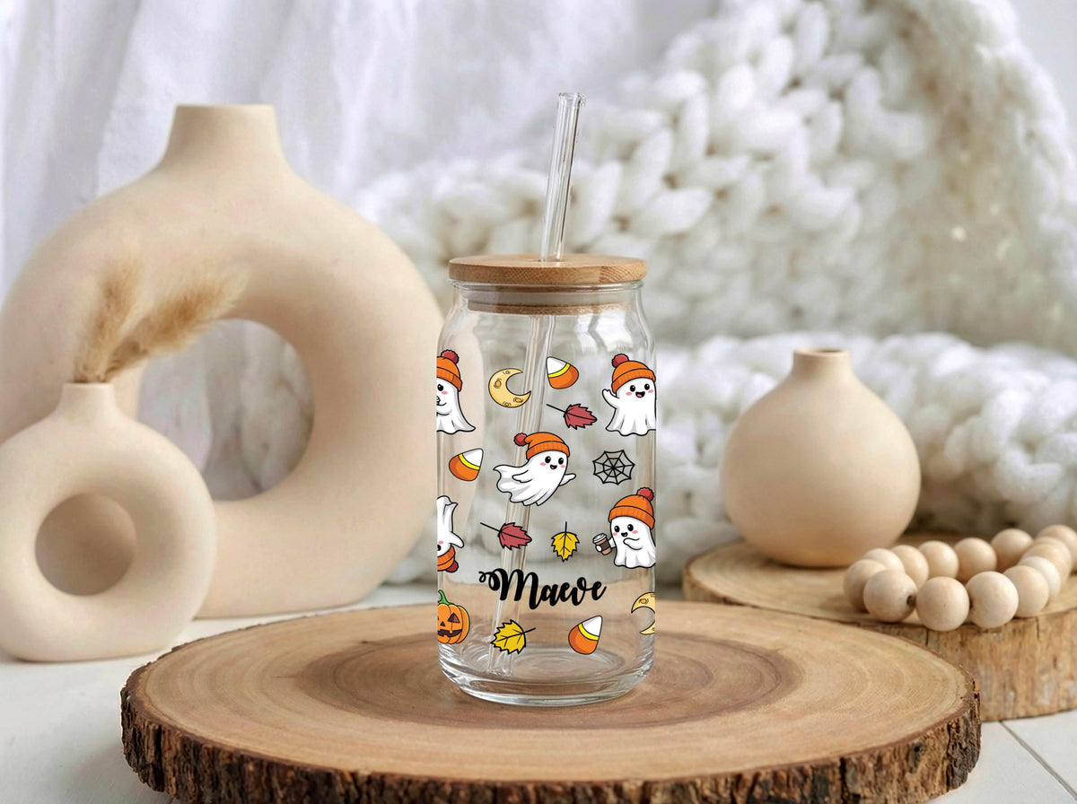 Personalized Ghost Glass Can Tumbler, Halloween Fall Vibes Cup