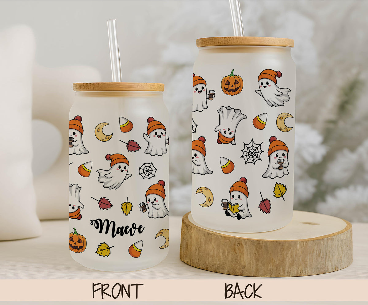 Personalized Ghost Glass Can Tumbler, Halloween Fall Vibes Cup