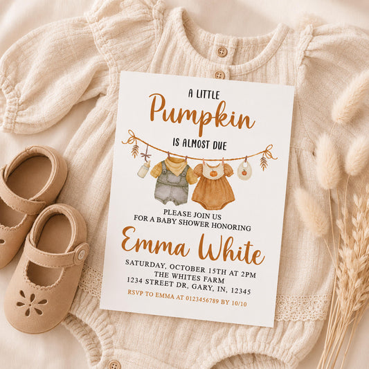 Little Pumpkin Baby Shower Invitation, Fall Autumn Themed, Printed Invites (5x7 inches)
