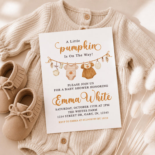 Little Pumpkin Baby Shower Invitations, Autumn Fall Theme, Personalized Printed Invites