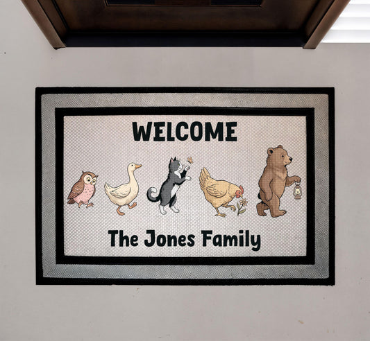 Personalized Woodland Animals Family Name Doormat, Rustic Welcome Mat