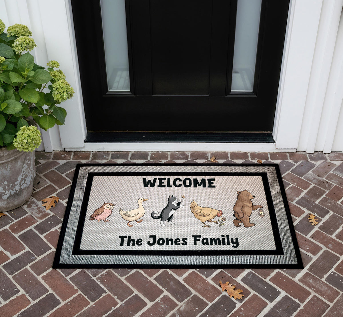 Personalized Woodland Animals Family Name Doormat, Rustic Welcome Mat