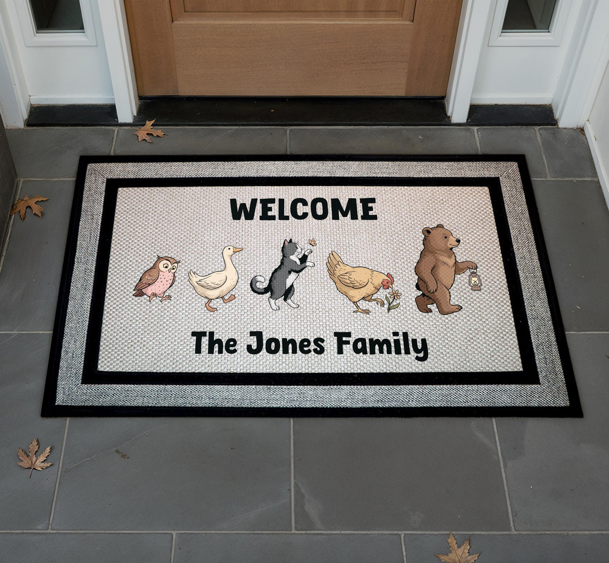 Personalized Woodland Animals Family Name Doormat, Rustic Welcome Mat